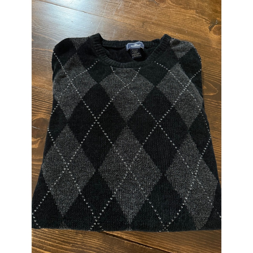 Dockers Mens XLT Argyle‎ Chenille Crewneck Sweater Black Grey Tall XL